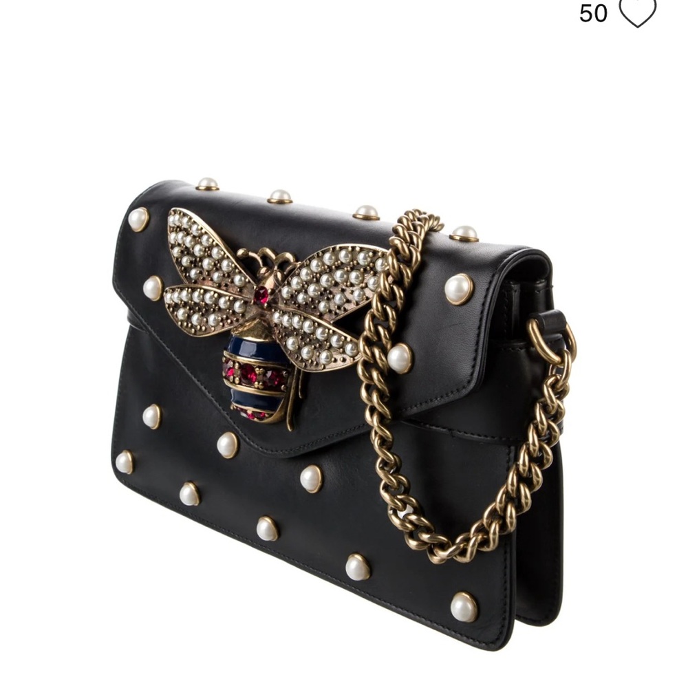 Gucci Black Designer Women's Bag with Pearl and Bee Embellishments